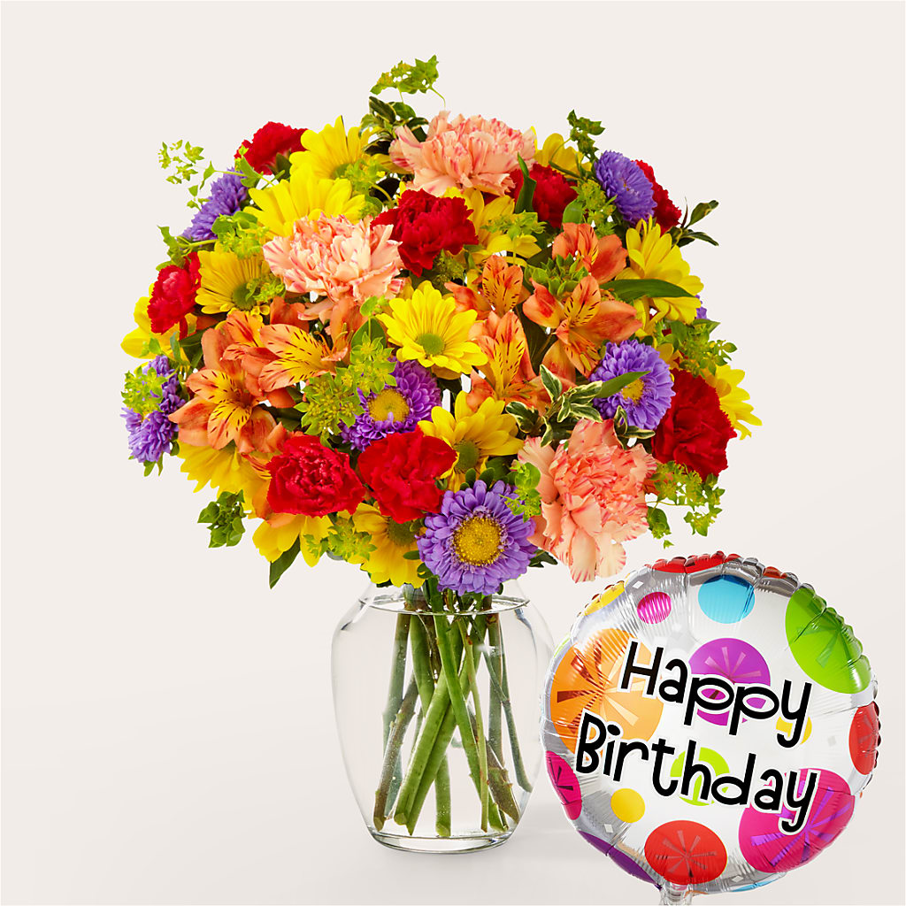Kaleidoscope Bouquet with Birthday Balloon – VIVA'S FLOWER SHOP, Framingham MA