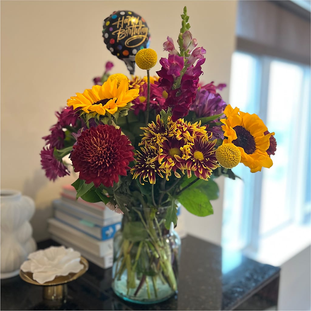 Pop of Whimsy Bouquet & Happy Birthday Topper – VIVA'S FLOWER SHOP, Framingham MA