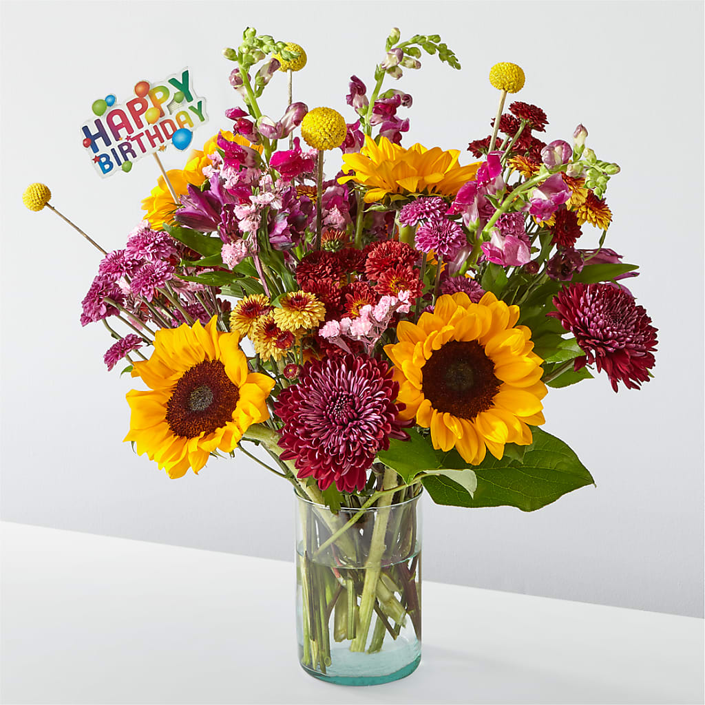 Pop of Whimsy Bouquet & Happy Birthday Topper – VIVA'S FLOWER SHOP, Framingham MA