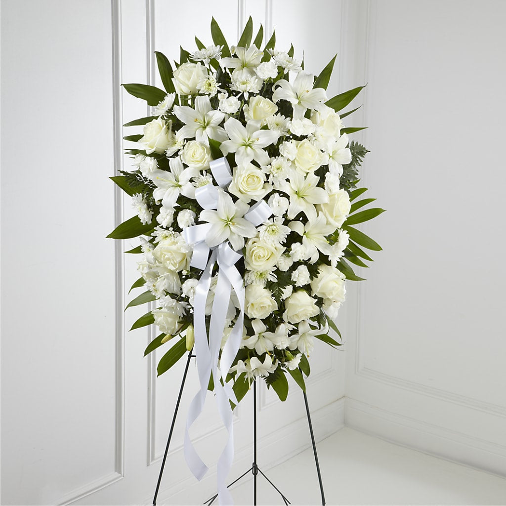 Exquisite Tribute Standing Spray-White Ribbon – VIVA'S FLOWER SHOP, Framingham MA