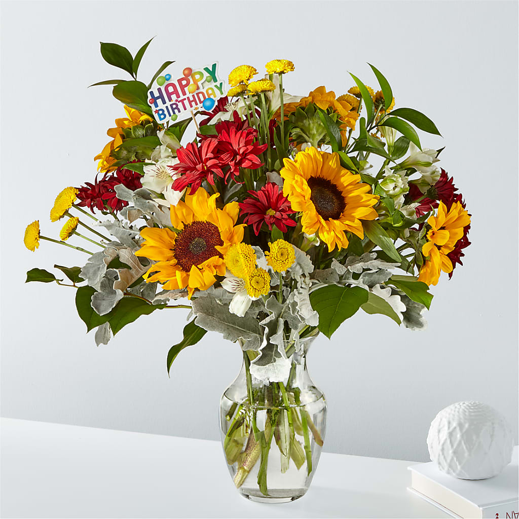 Prairie Sunrise Bouquet & Happy Birthday Topper – VIVA'S FLOWER SHOP, Framingham MA