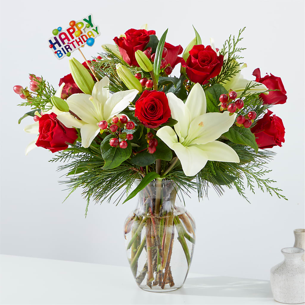 Evergreen Delight Bouquet & Happy Birthday Topper – VIVA'S FLOWER SHOP, Framingham MA