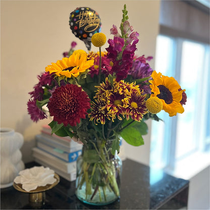 Pop of Whimsy Bouquet & Happy Birthday Topper – VIVA'S FLOWER SHOP, Framingham MA