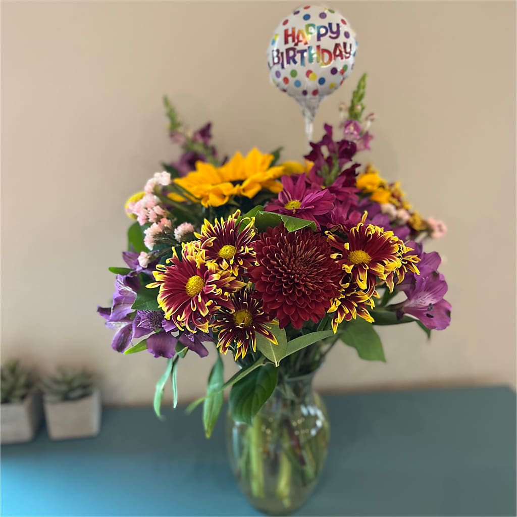 Pop of Whimsy Bouquet & Happy Birthday Topper – VIVA'S FLOWER SHOP, Framingham MA