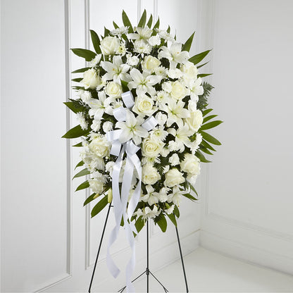 Exquisite Tribute Standing Spray-White Ribbon – VIVA'S FLOWER SHOP, Framingham MA