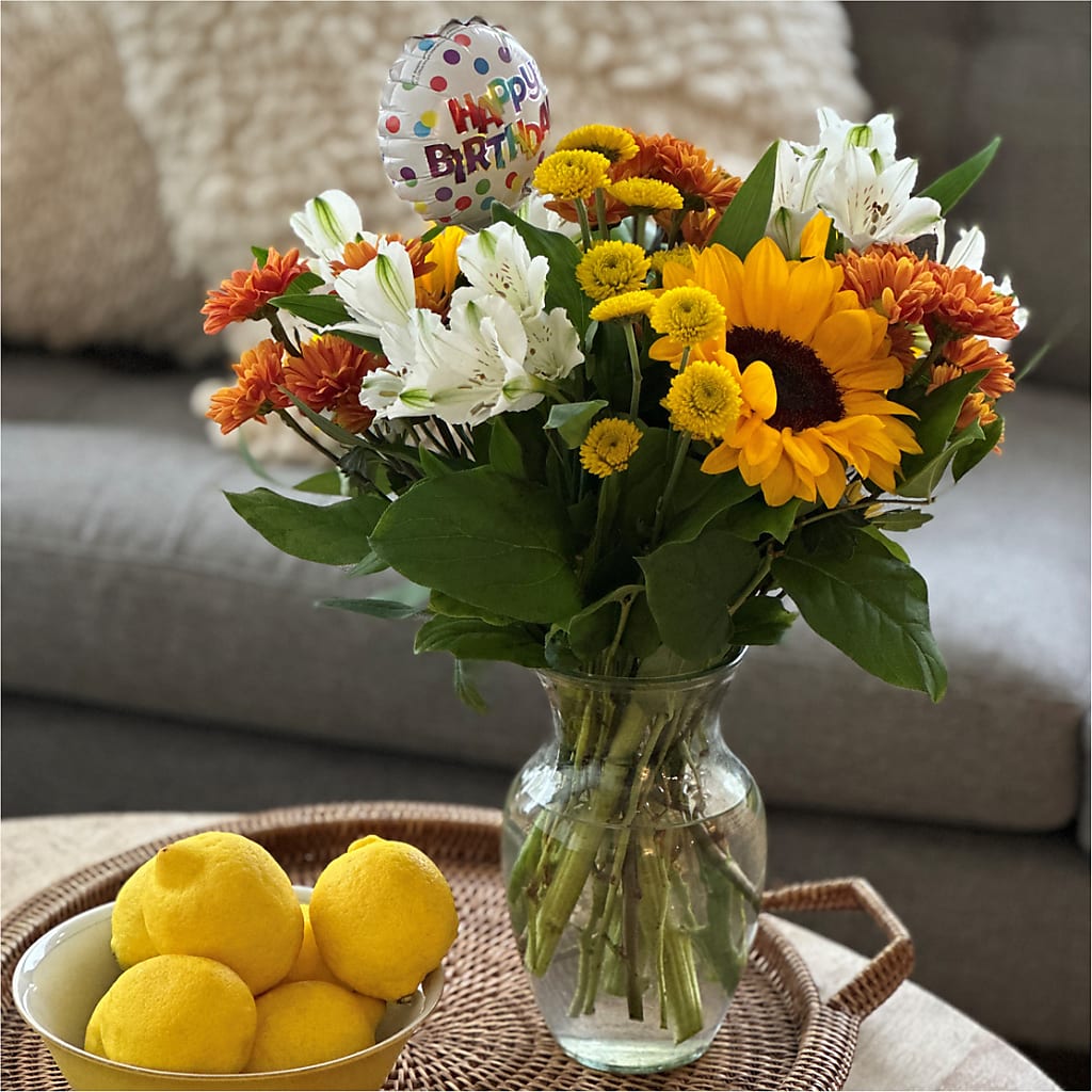 Prairie Sunrise Bouquet & Happy Birthday Topper – VIVA'S FLOWER SHOP, Framingham MA